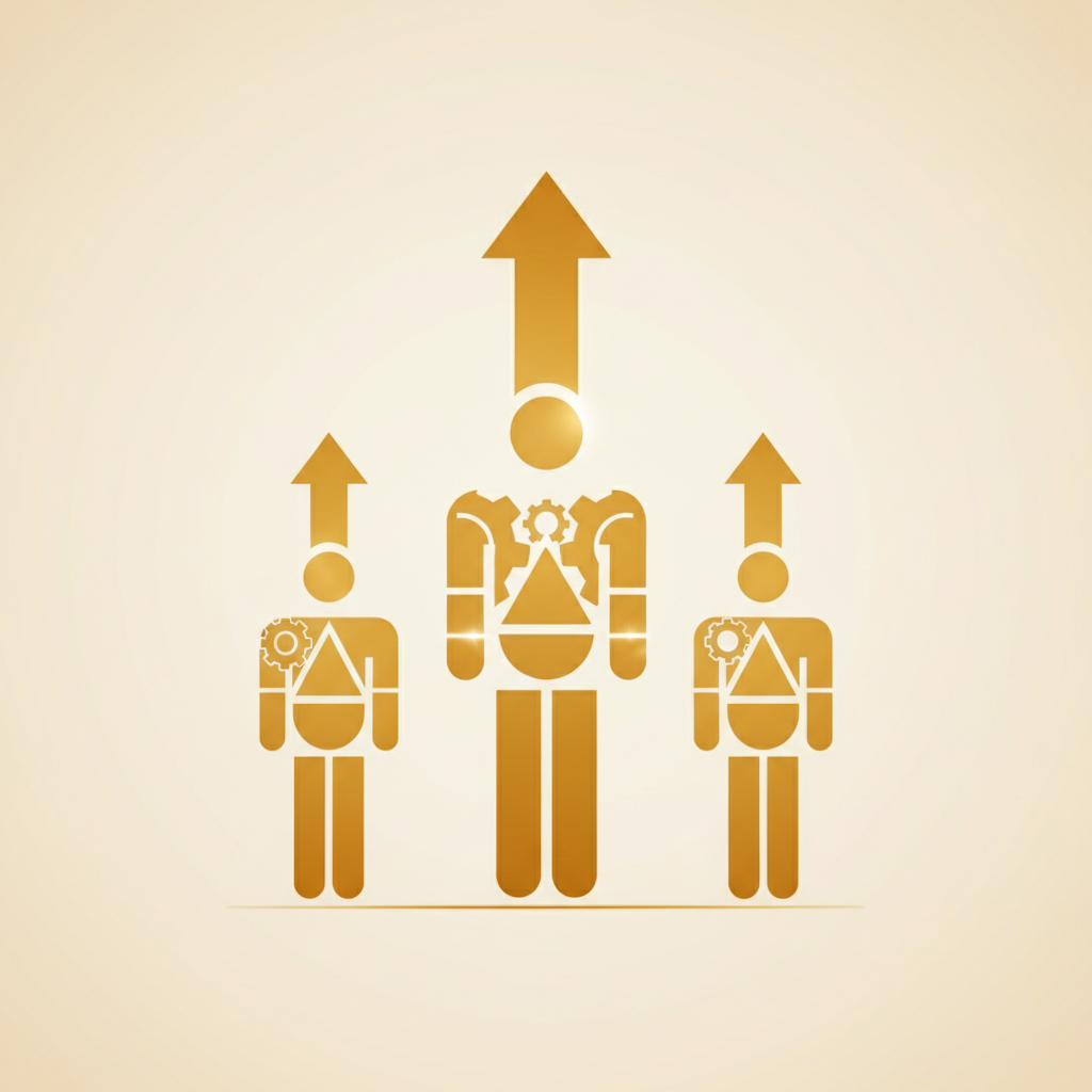 Abstract illustration with golden human silhouettes evolving alongside gears, representing role transformation