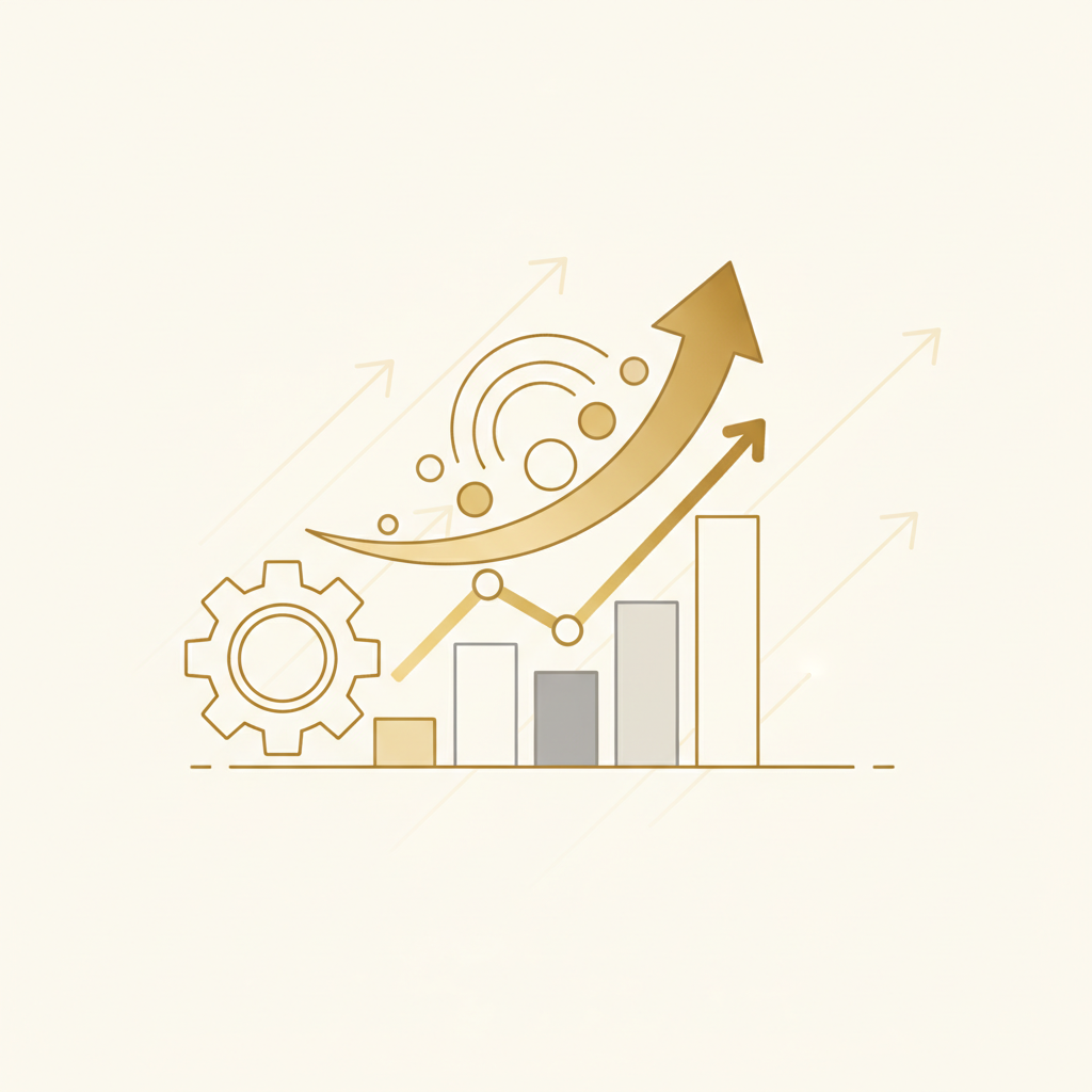 Ilustración abstracta con formas geométricas doradas representando crecimiento y retorno de inversión en automatización