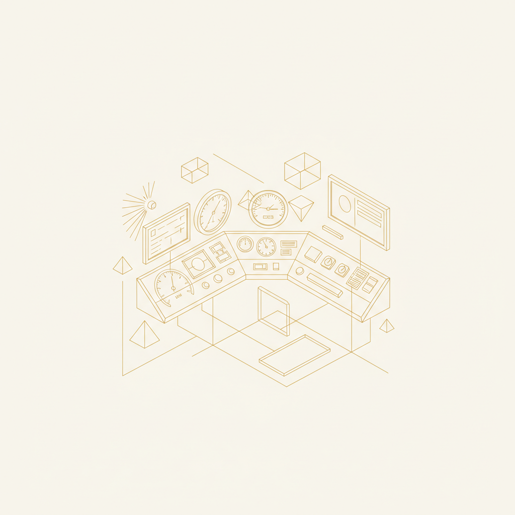 Minimalist illustration with golden wireframe lines forming an isometric control panel with connected nodes, representing visibility and control in automation